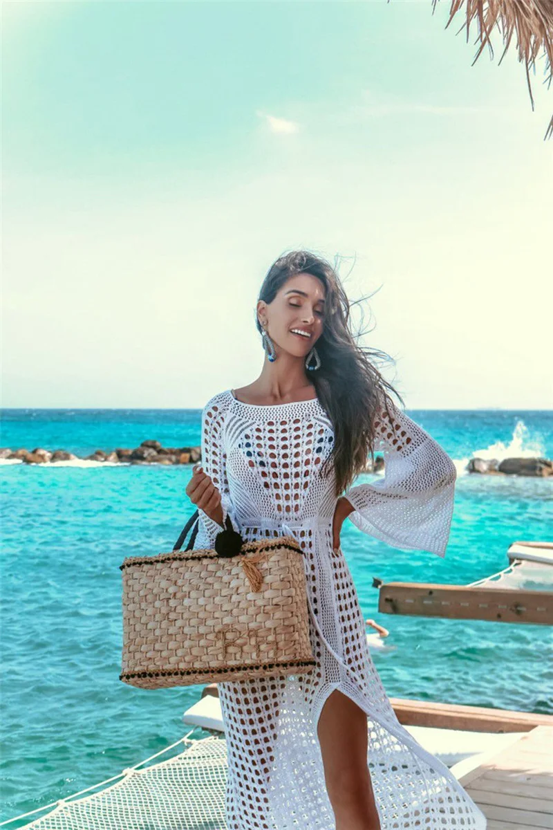 Платье Макси женское трикотажное с расклешенными рукавами и разрезом|Женские