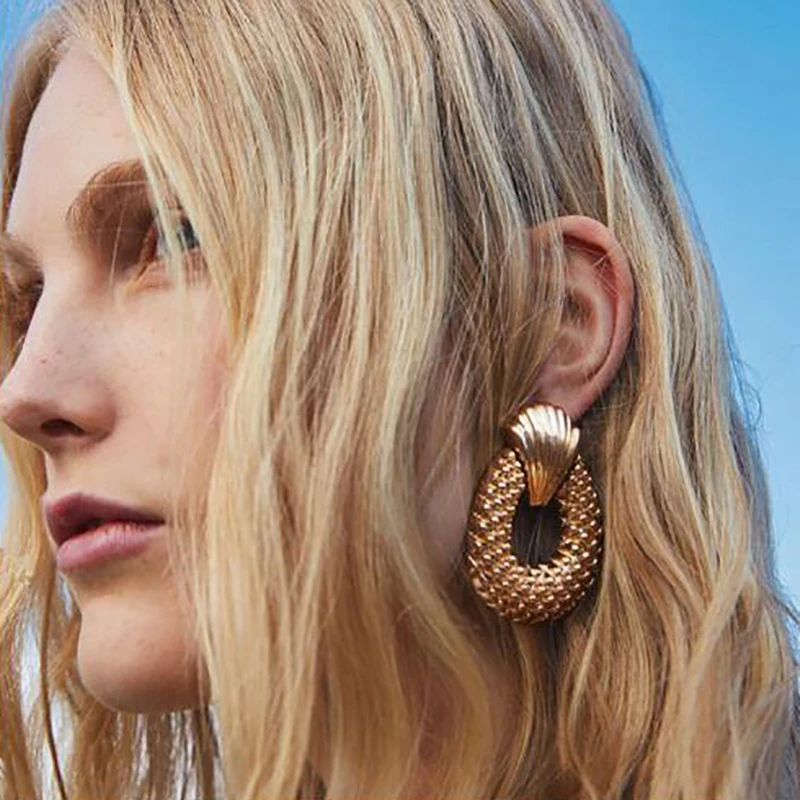 Женские серьги подвески большие массивные Бохо золотистого цвета ZA с