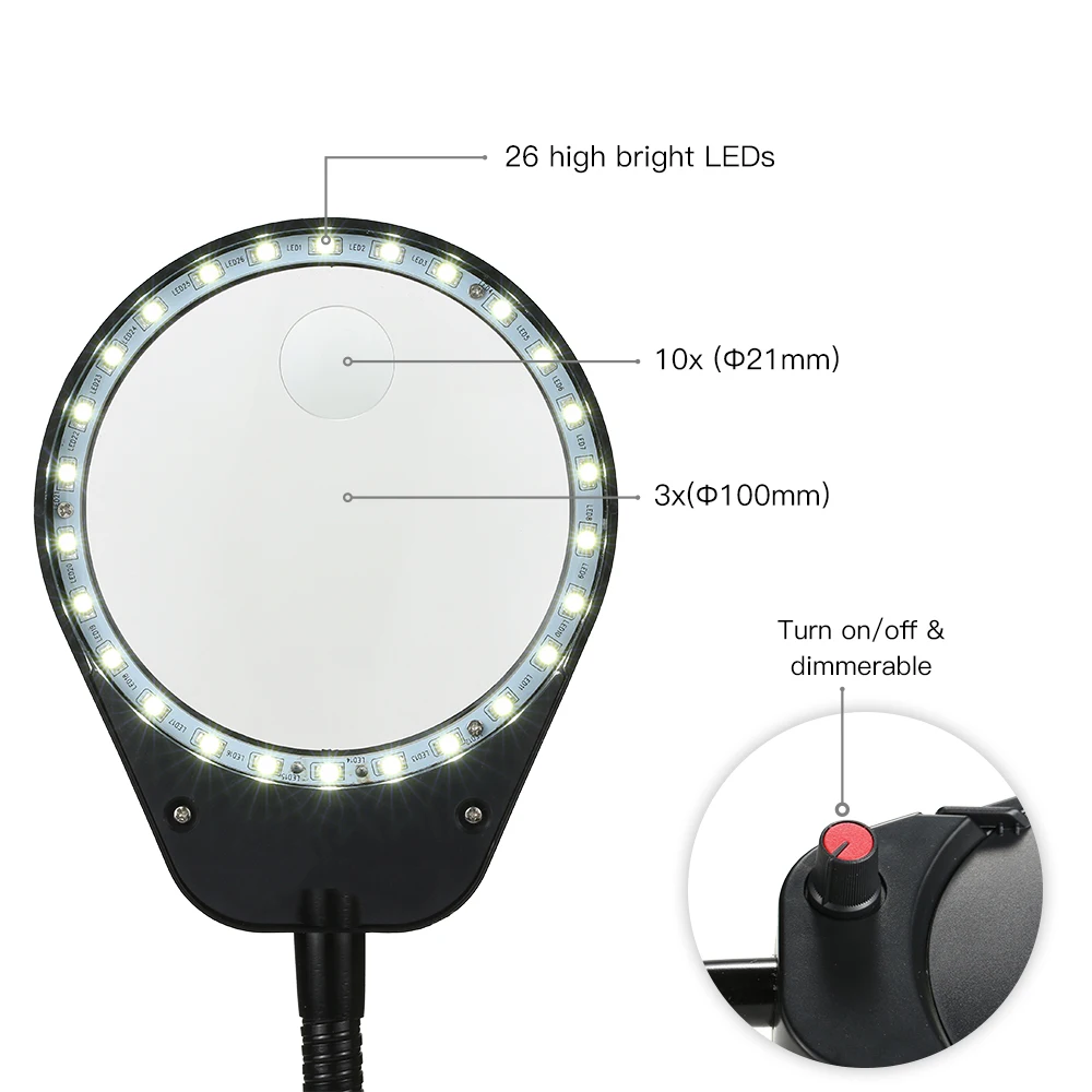 USB charger LED Clip Table Light SMD3528 Desk Lamp 3X/10X Magnifying Lens Adjustable Flexible Portable kids light 5W | Лампы и