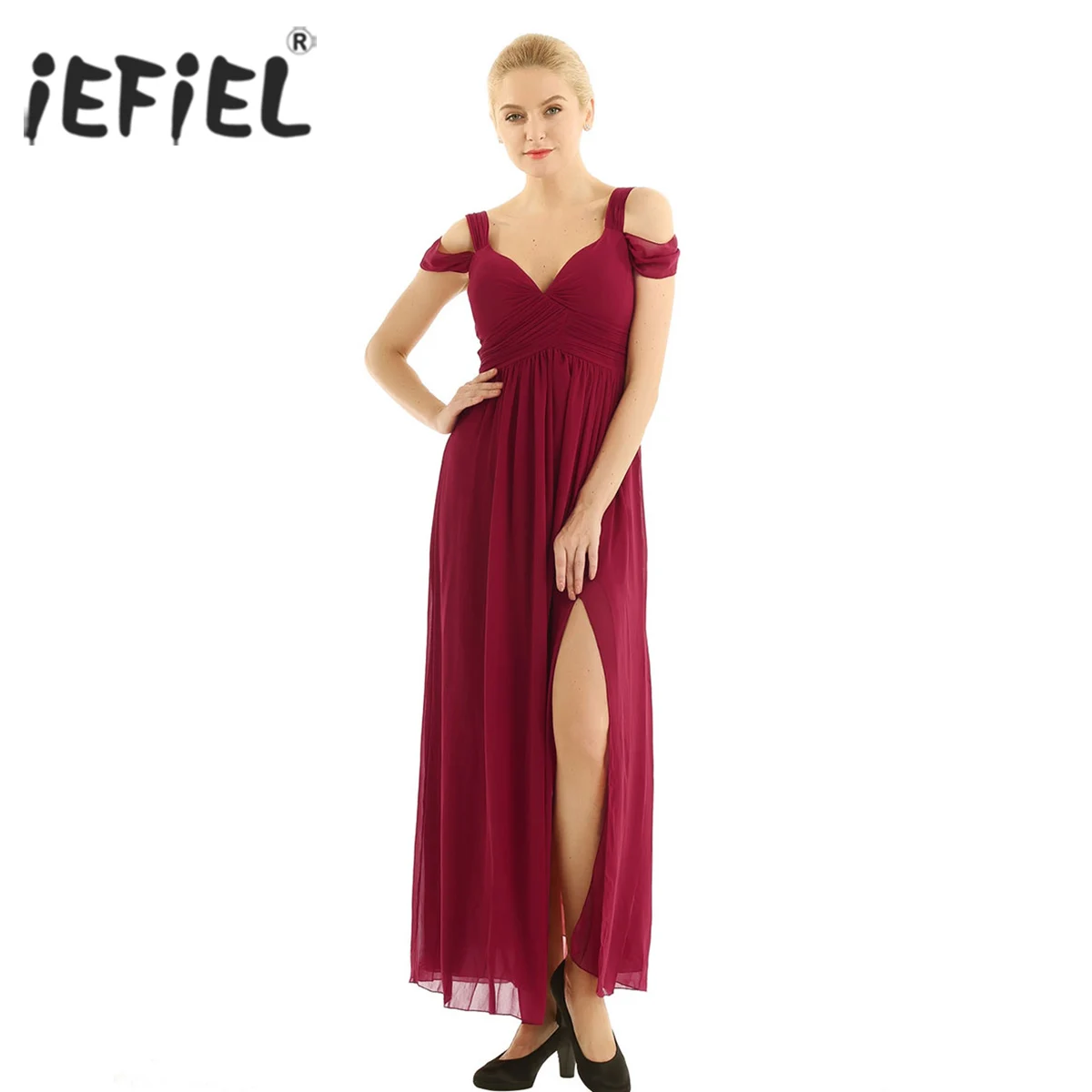 Женское шифоновое вечернее платье с одним открытым плечом и разрезом сбоку|dress