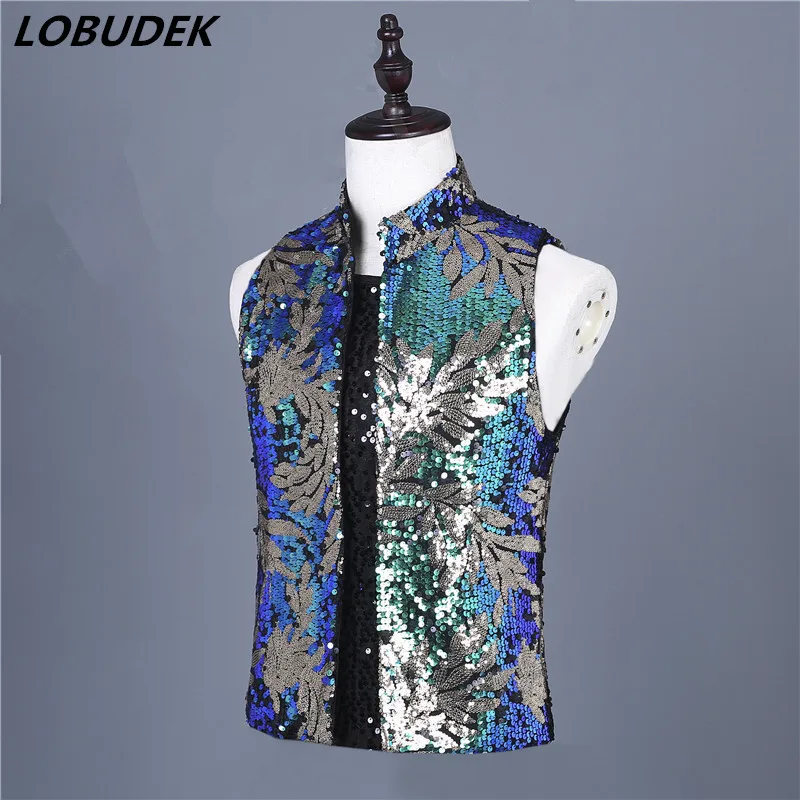 Tide Male Singer Nightclub Costume Vintage Golden Green Sequins Vest Slim Waistcoat Drum Dancer Bar Stage Performance | Мужская одежда