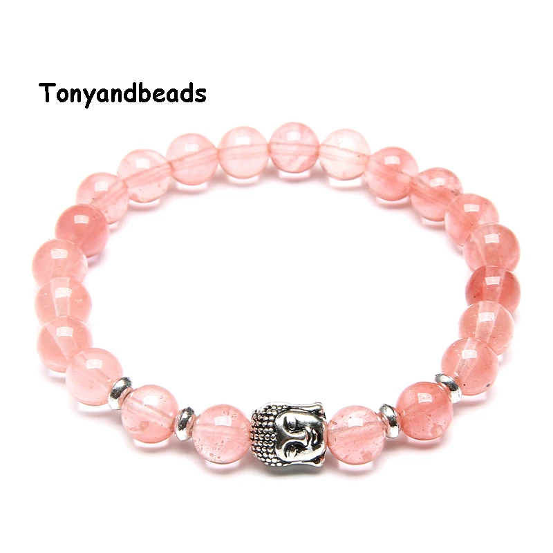 Pink Cherry Натуральный камень Бусины Браслет античный серебряный Будда Браслеты и браслеты для женщин или мужчин No. NB2 - Окраска металла: Pink Cherry