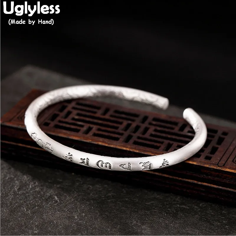 

Uglyless 100% Real Solid 999 Fine Silver Bangles for Women Buddhism Open Bangle Six-word Bracelets Vajra Fine Jewelry Religious