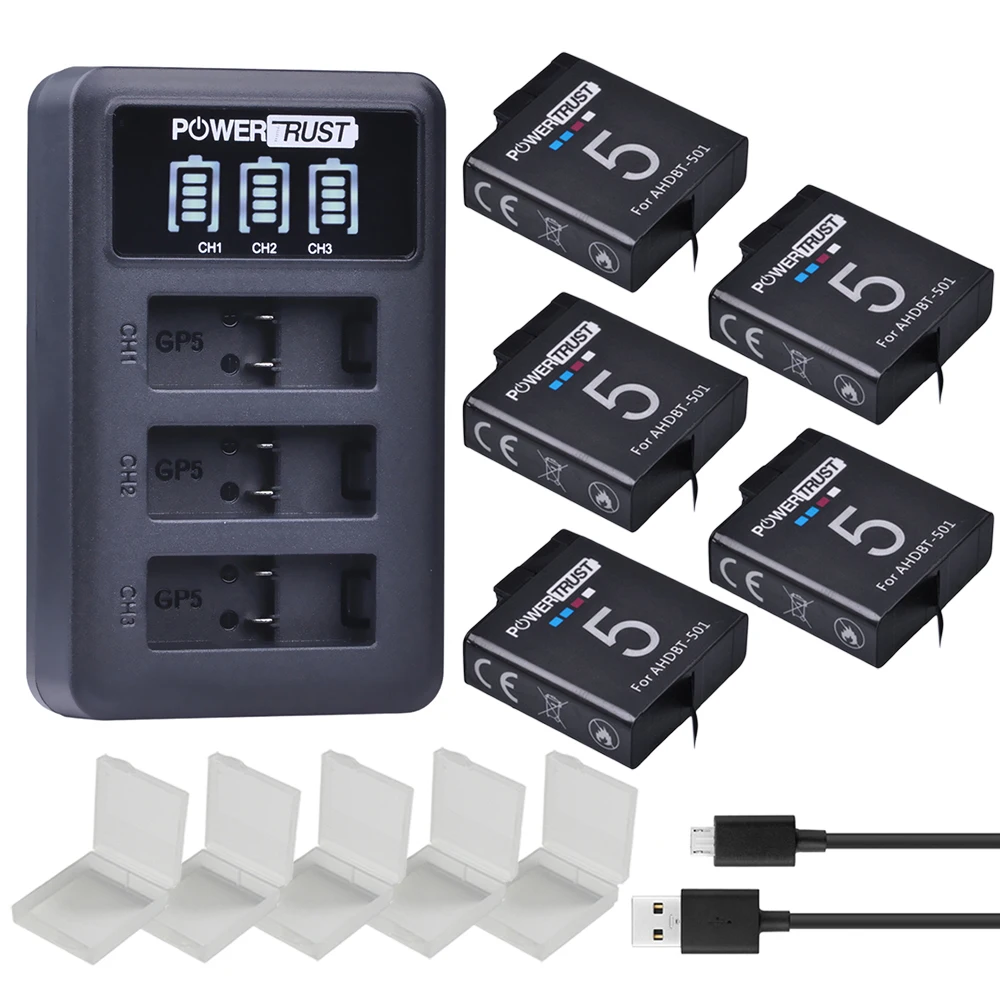 5 шт. Аккумулятор для Gopro 7 8 AHDBT 501 аккумулятор + светодиодная USB 3 слота зарядное