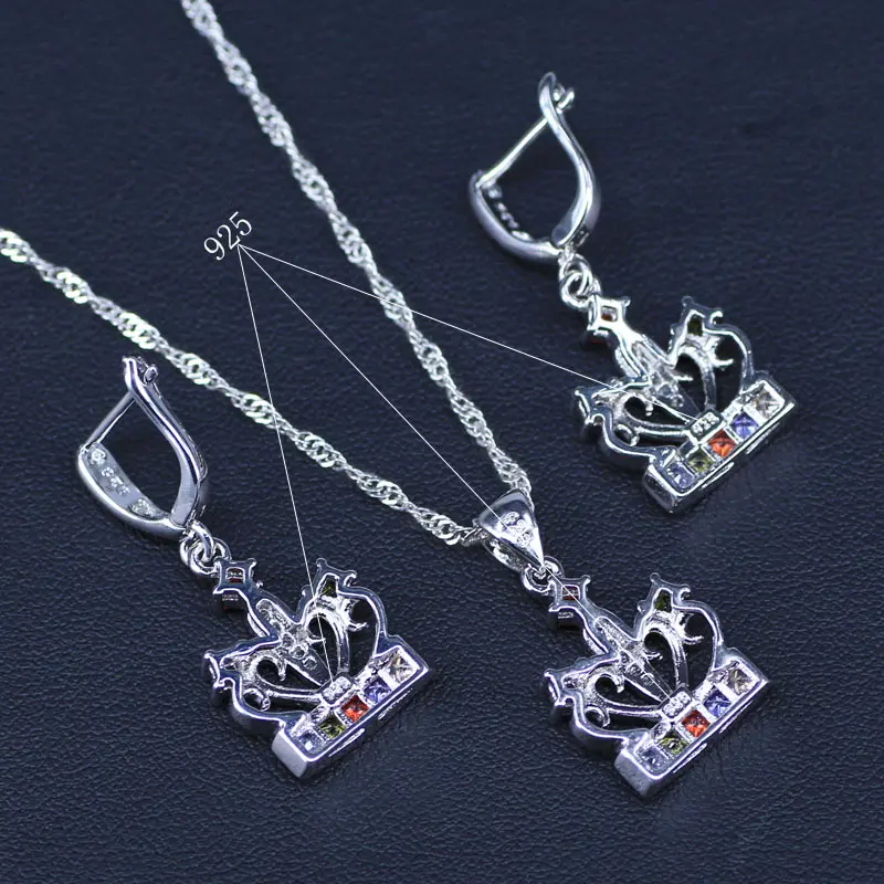 Trendy Crown Colorful Cubic Zirconia Silver Color Jewelry Sets For Women Jewellry Earrings Bracelet Necklace Ring | Украшения и