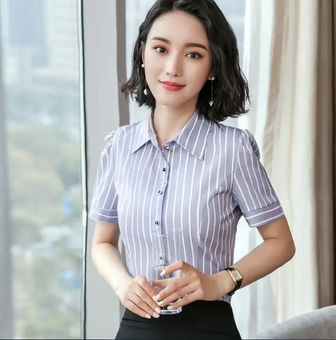 

Summer formal plus size 4XL women shirt OL professional slim chiffon stripe blouse office ladies elegant work wear tops with bow