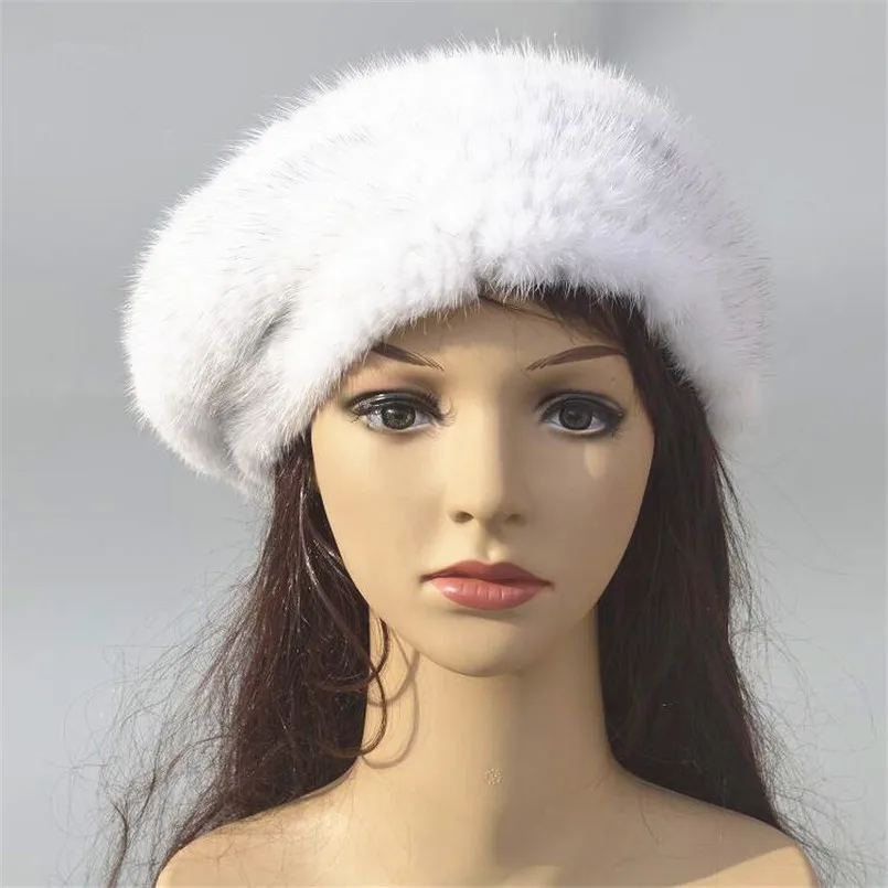 Real mink fur beret hat women winter warm white red brown knitted elegant ladies winter hat warm knitted fur capsH52