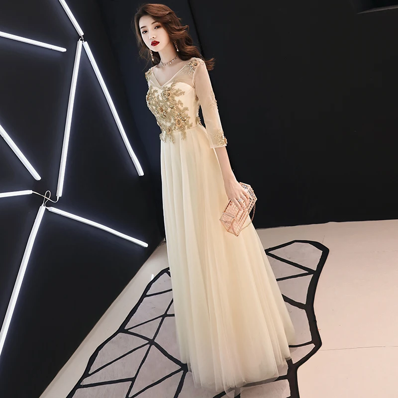 Золотое свадебное платье невесты женское с v-образным вырезом тонкое модное