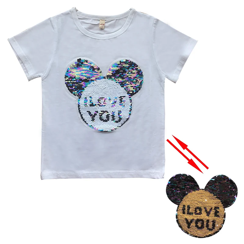 micky love white Летняя футболка для девочек, футболка для мальчиков, футболки для малышей, топы для детей, волшебные цвета, блестящий Человек-паук супергерой, сердце, переключаемое с блестками, для детей 2-12 лет - Цвет: micky love white
