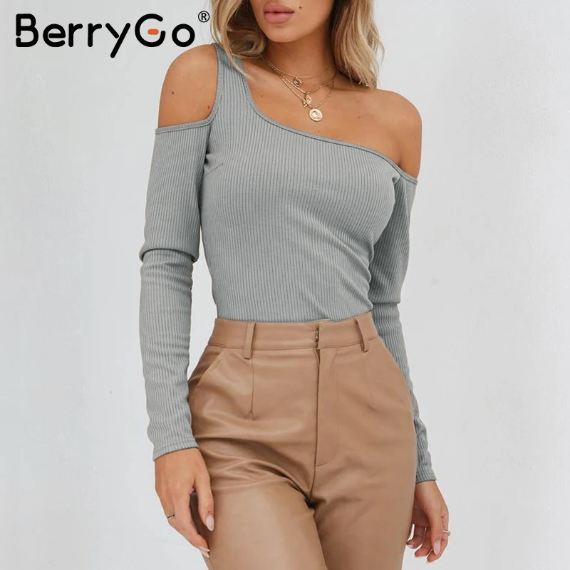 BerryGo с открытыми плечами красный вязаный женский свитер 2018 длинный рукав