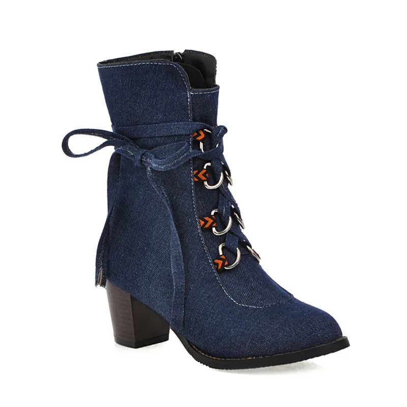 Dark blue MORAZORA/Новинка года; женские ботильоны; джинсовые осенние ботинки на молнии со шнуровкой; модные модельные туфли на высоком каблуке; женская офисная обувь - Цвет: Dark blue