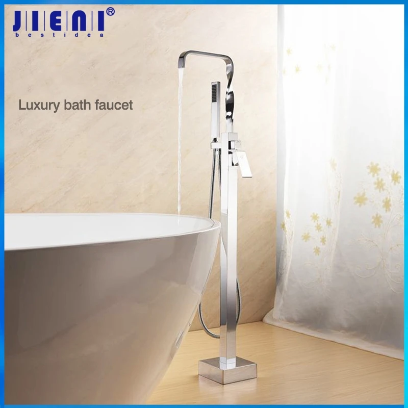 

Soild Brass Single Handle Bathtub Floor Mounted Standing Faucets Brass Chrome Polish Free Standing Hand Shower Mixer set
