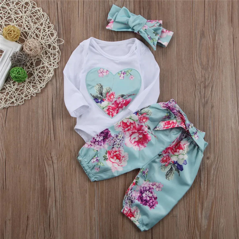 Floral Girls Summer Clothes Sets Long Sleeve Cotton Tops Romper+Floral Lace Up Pants Headband 3CPS Casual | Детская одежда и обувь