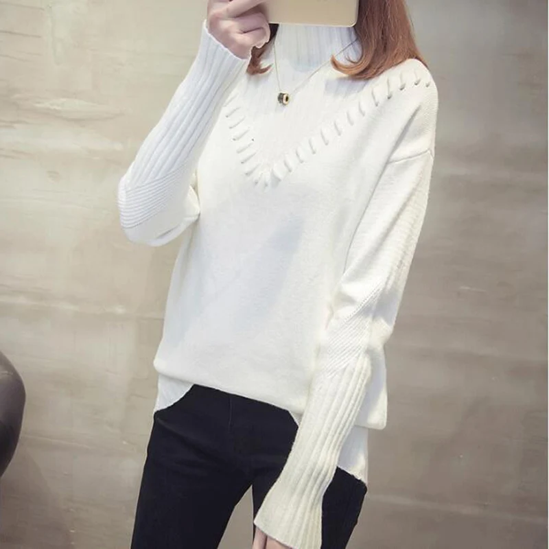 Женский вязаный свитер с высоким воротником Свободный теплый пуловер большого