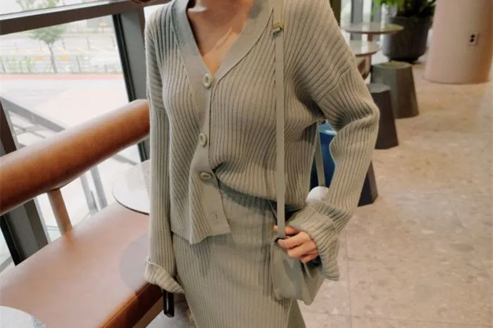 RUGOD Elegant ladies 2 pieces knitted suits Korean chic new single-breasted women cardigan& hight waist sweater skirts female