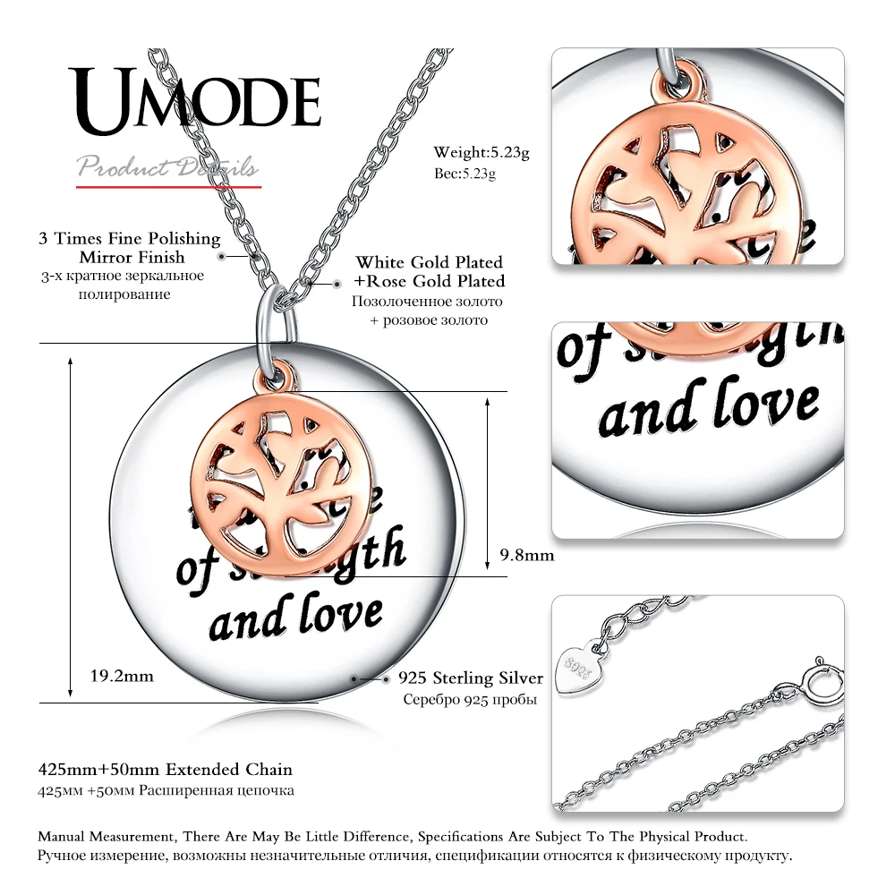 UMODE, новинка, настоящее 925 пробы, серебро, розовое золото, цвет Древо жизни, подвеска, ожерелья для женщин, серебряные ювелирные изделия, воротник с буквами ULN0219