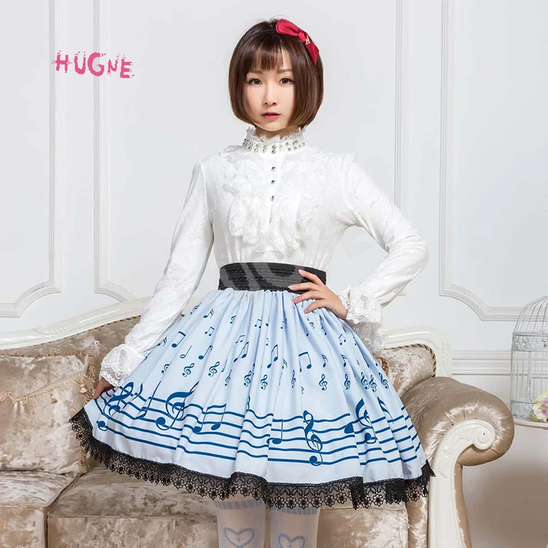 Летняя короткая юбка в стиле Mori Girl светло-голубого цвета с принтом музыкальных