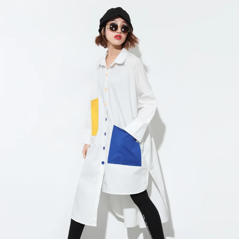 [Aiweier] Plus Size Women's Blouses 2017 Summer Autumn Long Casual Patchwork Cardigan Irregular Cotton White Shirt Tops ZY7615|cotton white