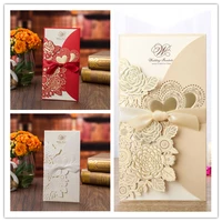 50pcsset free envelop and free seal embossing laser cut with ribbon side folded invitation cx075
