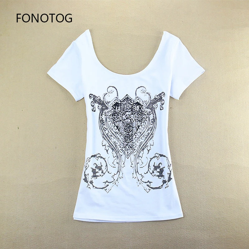 2018 spring and summer new Korean version of the diamond print fashion tight U-neck short sleeve tee women's half tide | Женская