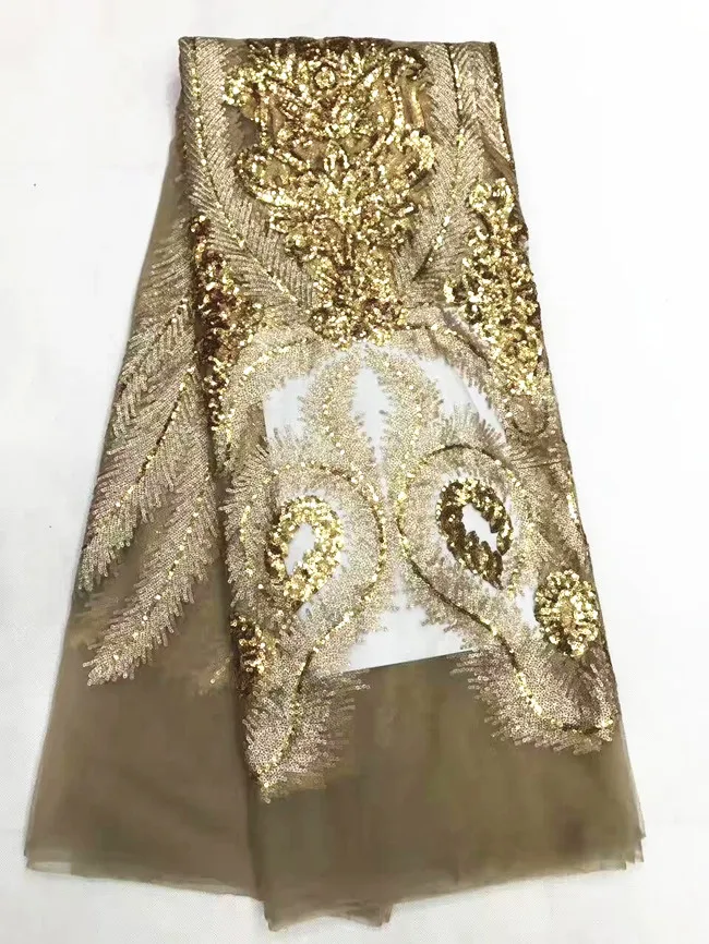 5 Y/pc New fashion brown french net lace fabric with royal blue and gold sequins decoration african mesh for clothes LJ23-7 | Дом и сад