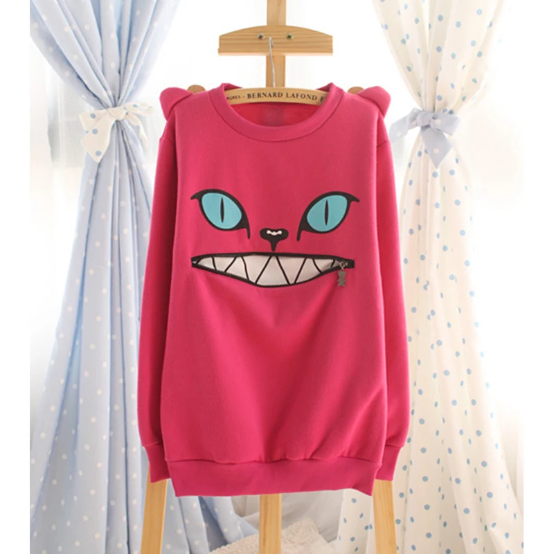 Милые животные уха Толстовка Для женщин мода молния Улыбка Рот 3D кошка женский