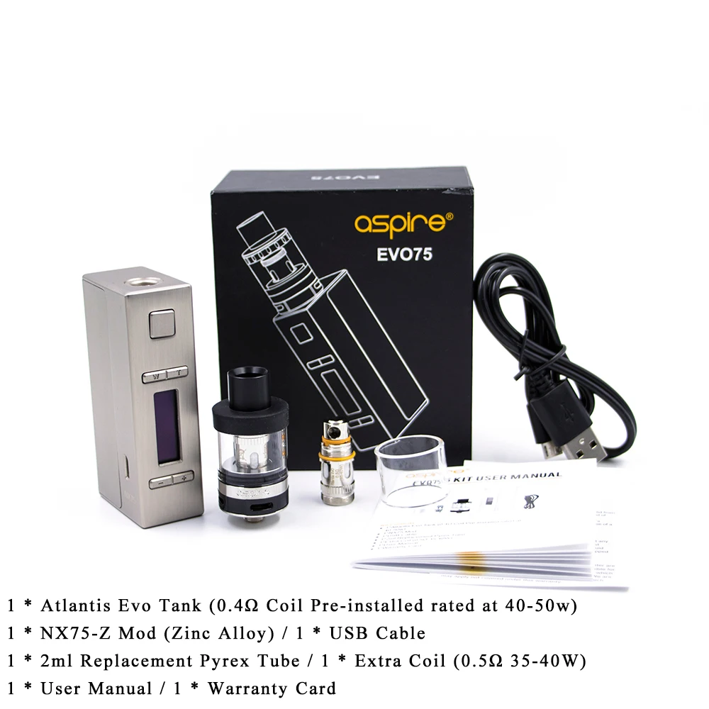 Распродажа Aspire EVO 75 Вт Vape стартовый комплект с 2 мл Atlantis Tank & NX75 Mod Sub ohm vaping system