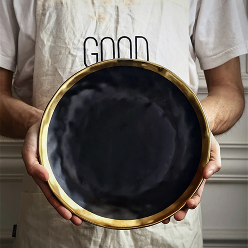Ceramic Dishes Plates Creative Gold Side Black Matte Steak Dessert Tray Kitchen Dinner European Style Retro Tableware | Дом и сад