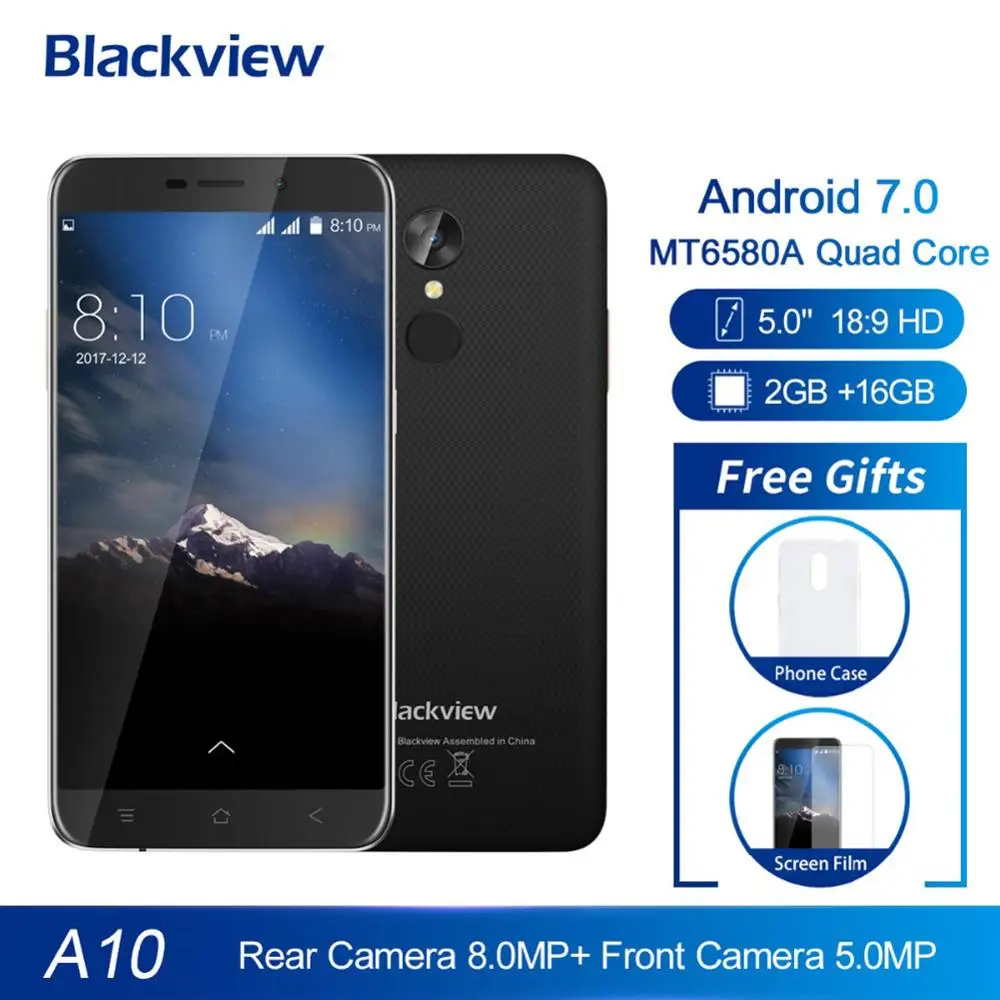 Blackview A10 2GB RAM 16GB ROM MT6580A Quad Core 5 inch HD 3G Smartphone Android 7.0 fingerprint 8.0MP rear camera mobile phone | Мобильные
