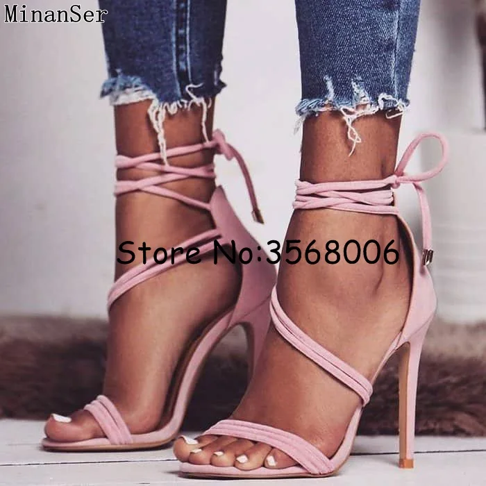 Black Pink Suede Wedding Party Dress Stiletto High Heels Tie Up Ankle Wrap Women Strappy Sandals Shoes Thin Pumps | Обувь