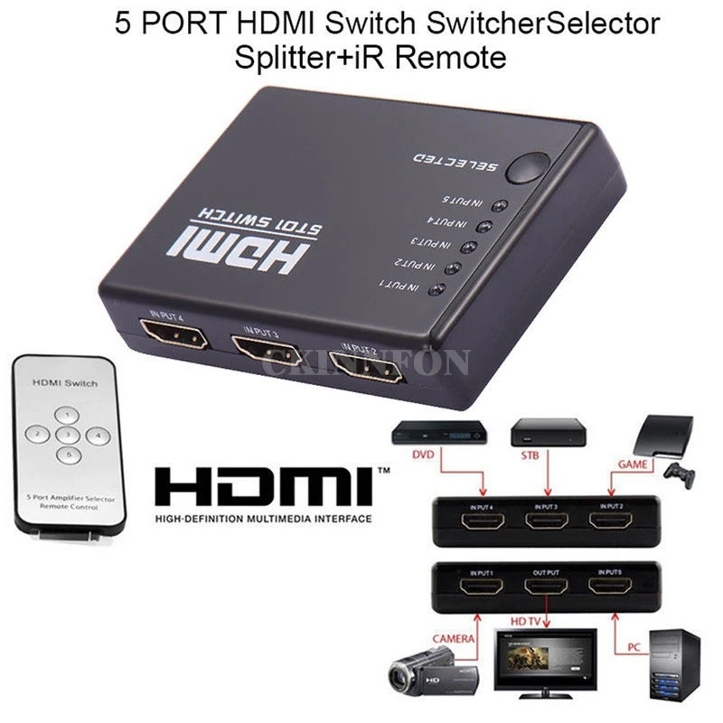 

100 шт./лот 5-портовый 1080P видео HDMI-совместимый переключатель сплиттер для HDTV DVD PS3 + ИК-пульт дистанционного управления
