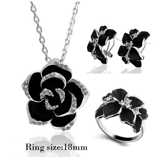 silver black 3 18mm Модный набор эмалированных ювелирных украшений с цветком розы, цвета розового золота, с черной росписью, свадебные комплекты украшений для женщин, свадебные 82606 - Окраска металла: silver black 3 18mm