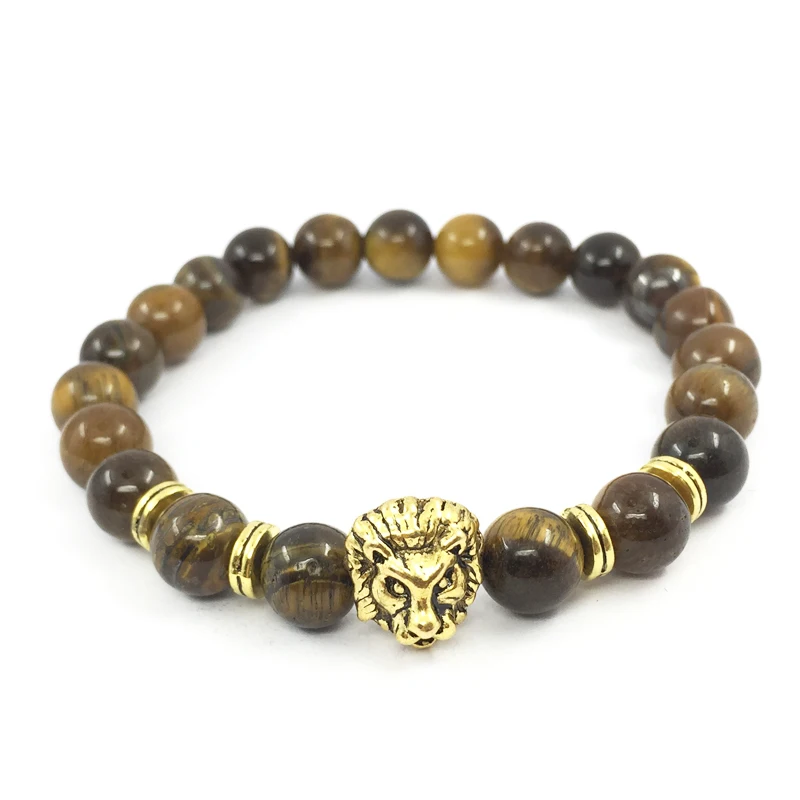 Модные браслеты с бусинами в форме головы льва из тигрового глаза подвесками