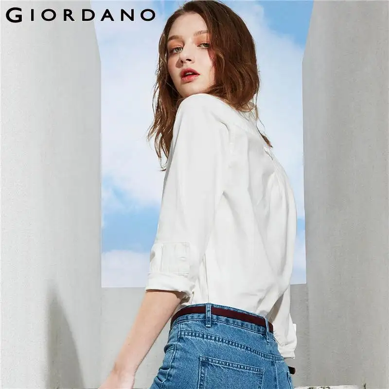 Giordano женская стрейчевая рубашка Оксфорд спиннинг с длинными рукавами имеется