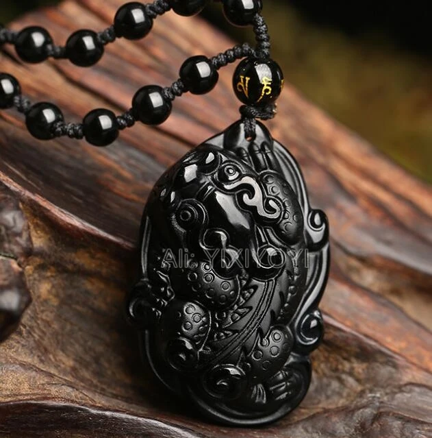 Естественный черный обсидиан вырезанный большой дракон PiXiu счастливая благословенная амулетная подвеска + бесплатное ожерелье модные ювелирные изделия для женщин и мужчин.