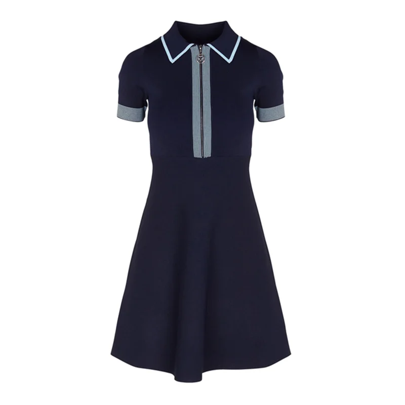 Summer 2019 New knitting Polo Shirt office Professional Wear Slim thin Zipper lapels Top summer dark Blue Wome | Женская одежда