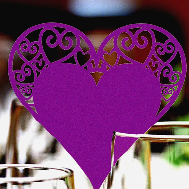 Purple 10 шт./лот, украшение для свадебного стола, карты для места, лазерная резка, сердце, цветочный бокал для вина, карты для места на свадьбу, день рождения, декор для вечеринки - Цвет: Purple