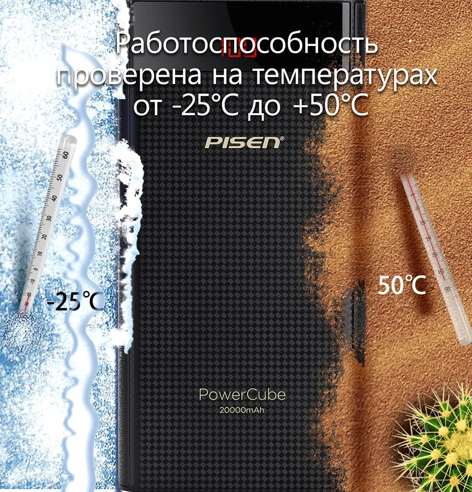 PowerBank Pisen Портативный внешний аккумулятор 20000 мАч. Поддежка TYPE-C. Micro USB. 2.1A, 1.5A, зарядка двух устройств