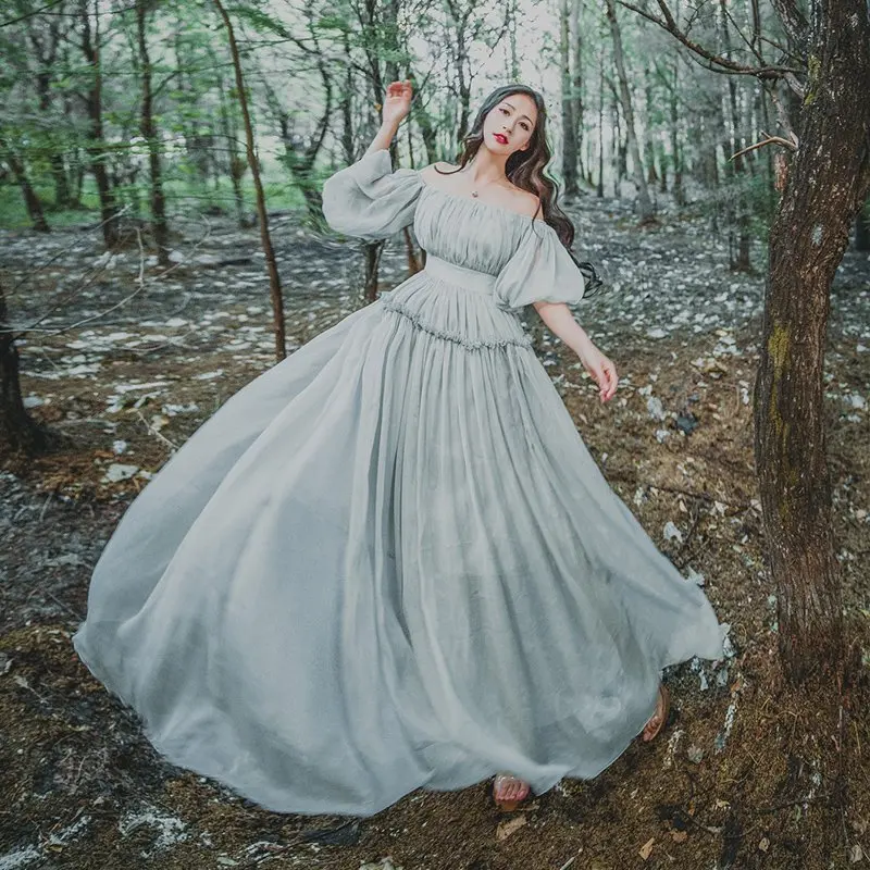 Женское платье однотонное с вырезом лодочкой рукав лепесток длинное пляжное