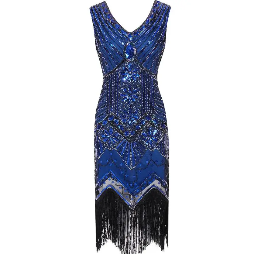 Blue 1920s Винтаж Хлопушки Великий Гэтсби вечерние платье с v-образной горловиной, без рукавов, с блестками и бисером Стиль кисточка заслонки Vestidos Feminina 1920 - Цвет: Blue