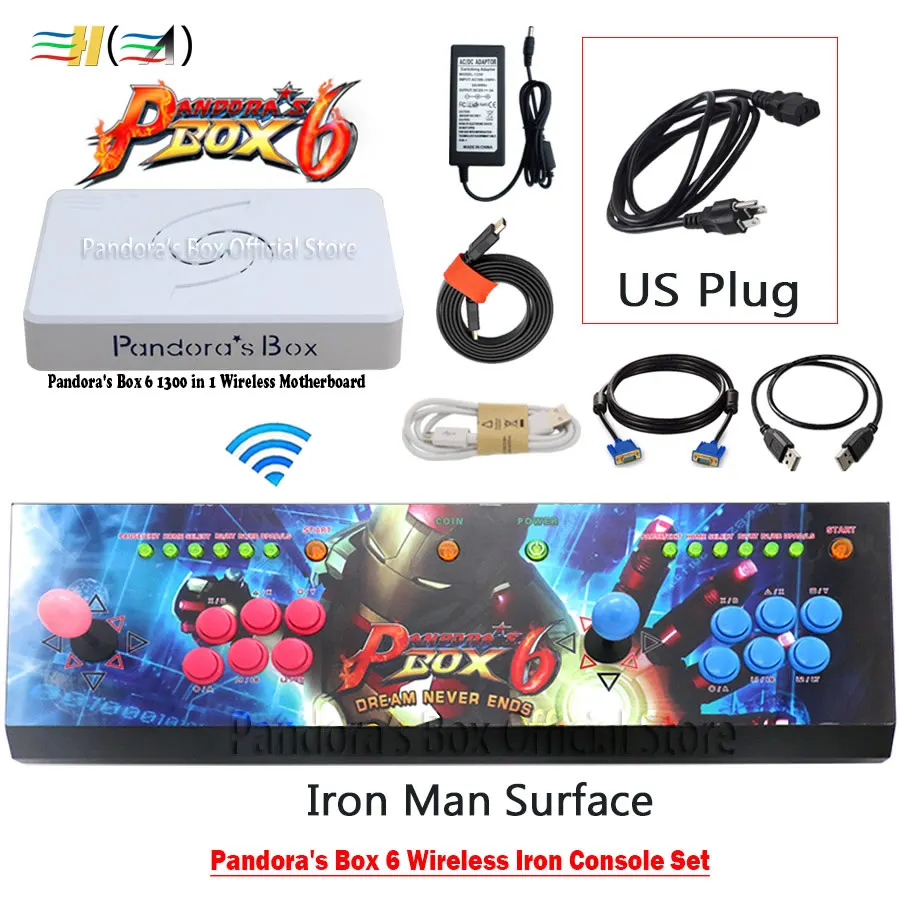 wireless Iron Man US Pandora Box 6 1300 в 1 комплект беспроводной железной консоли 2 игрока джойстик кнопки контроллер может добавить 3000 игр fba mame ps1 3d игры - Цвет: wireless Iron Man US