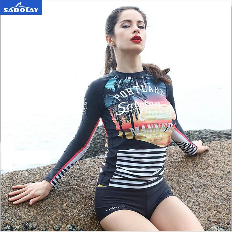 SABOLAY женщины Серфинга быстросохнущие одежда рашгард купальник гидрокостюм