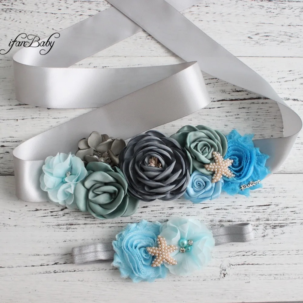 Blue Grey sash belt Beach Flower Sash for Bridal wedding with rhinestone flower headband Maternity female | Аксессуары для одежды