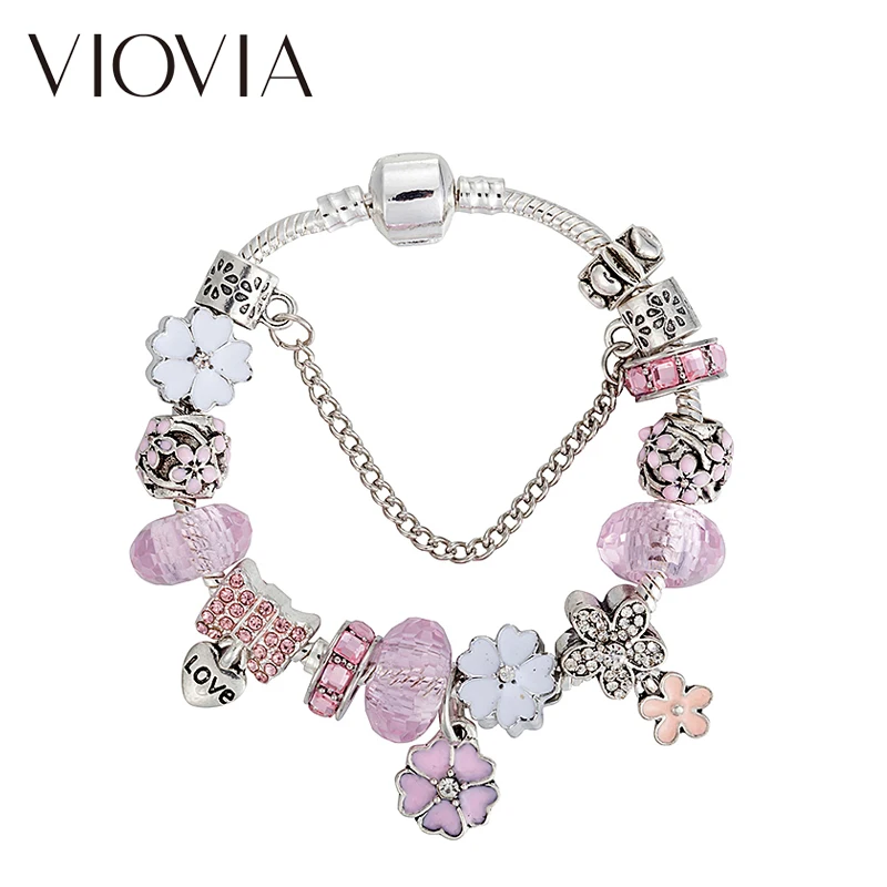 VIOVIA/браслет с розовым цветком и сердечком очаровательные браслеты браслет