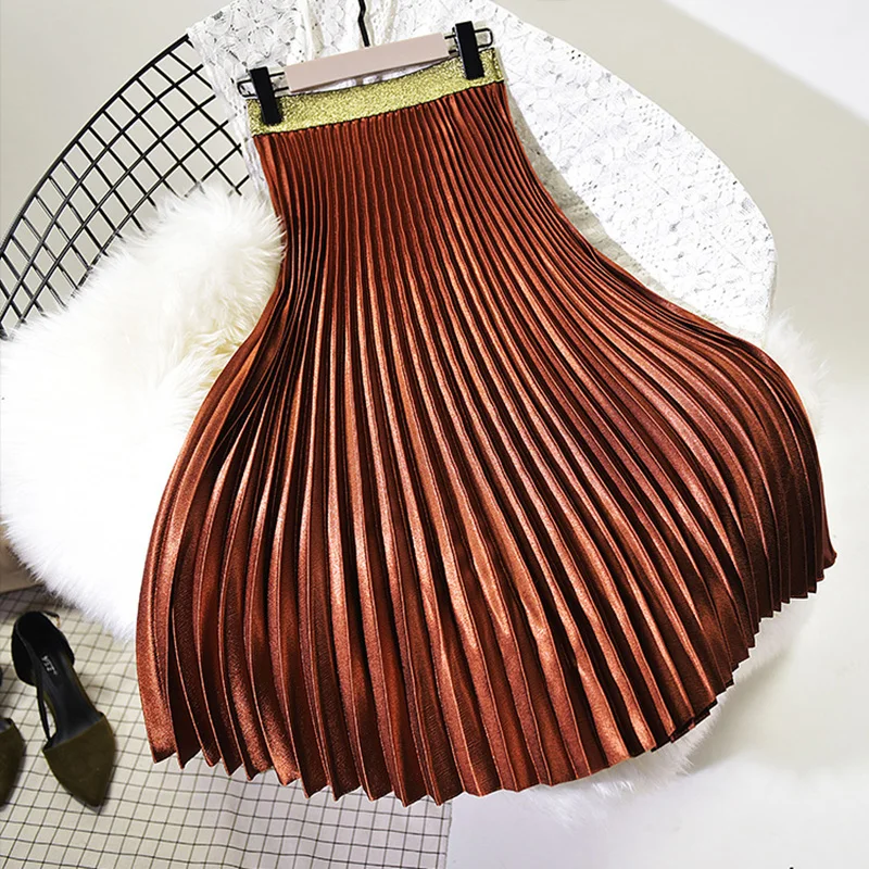 Camel Brown Sheblingbling, Осень-зима, большая свободная юбка, высокая талия, миди юбки, контрастная Талия, повседневные женские плиссированные юбки, разные цвета - Цвет: Camel Brown