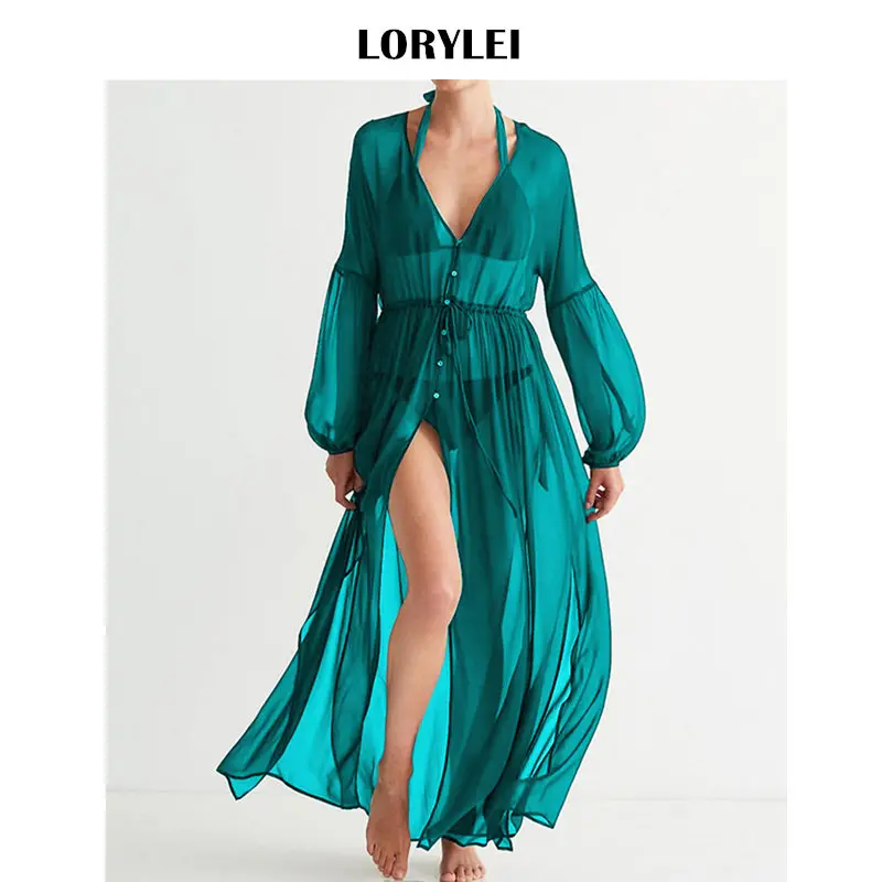 Sexy Transparent Green Chiffon Button Front Open Lantern Sleeve Side Split Beach Dress Summer Women Tunic Swimsuit Cover Up N331 | Женская