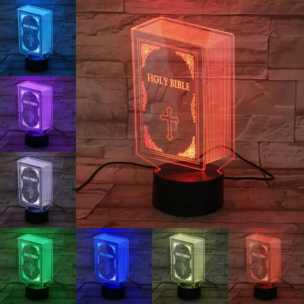 Светодиодная 3D лампа христианская Библия с Иисусом крестом настольный