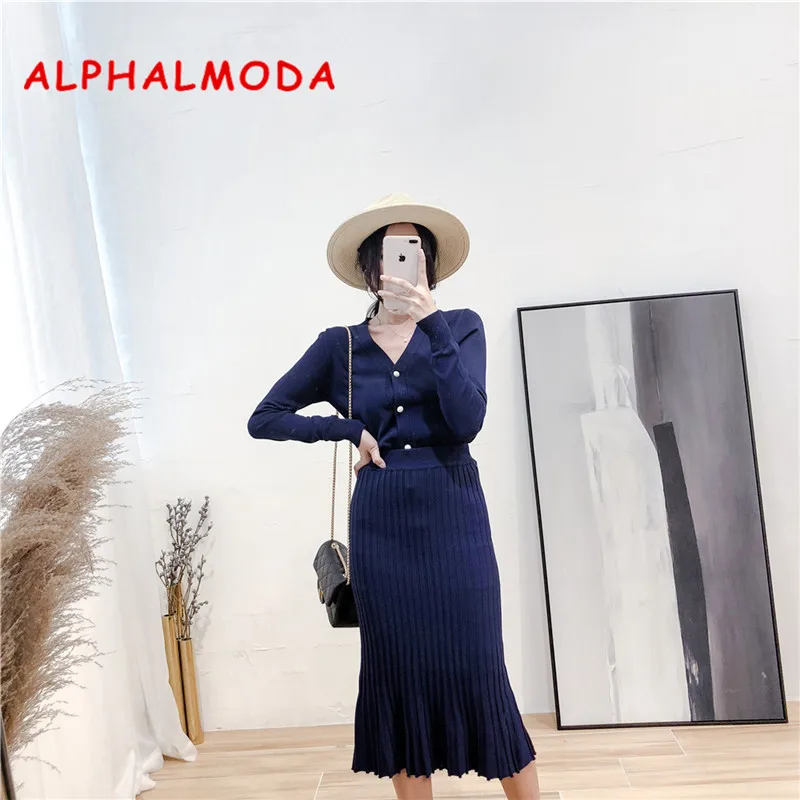 ALPHALMODA OL изящный осенний вязаный кардиган юбка 2 шт. костюмы с длинными рукавами