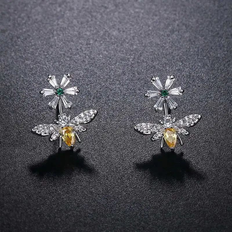 silver green flower MIEG брендовые серьги-гвоздики с фианитами и кристаллами в виде пчелы и цветка для женщин, золотистый/серебристый цвет - Окраска металла: silver green flower
