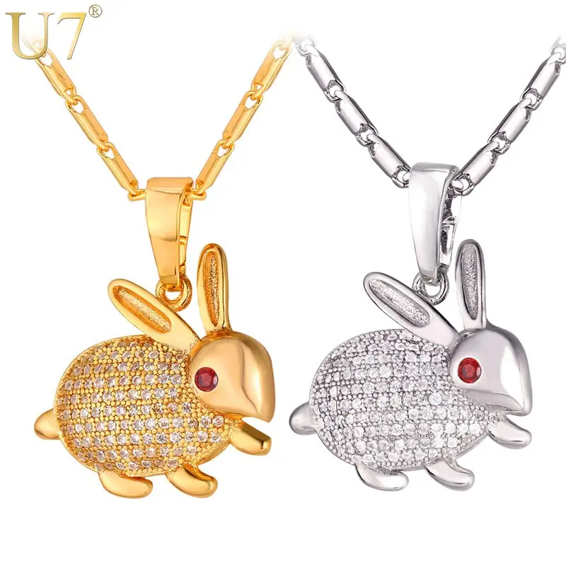 U7 Милый Кролик Подвеска Ожерелье Для Женщин Ювелирные Украшения Циркон Заяц